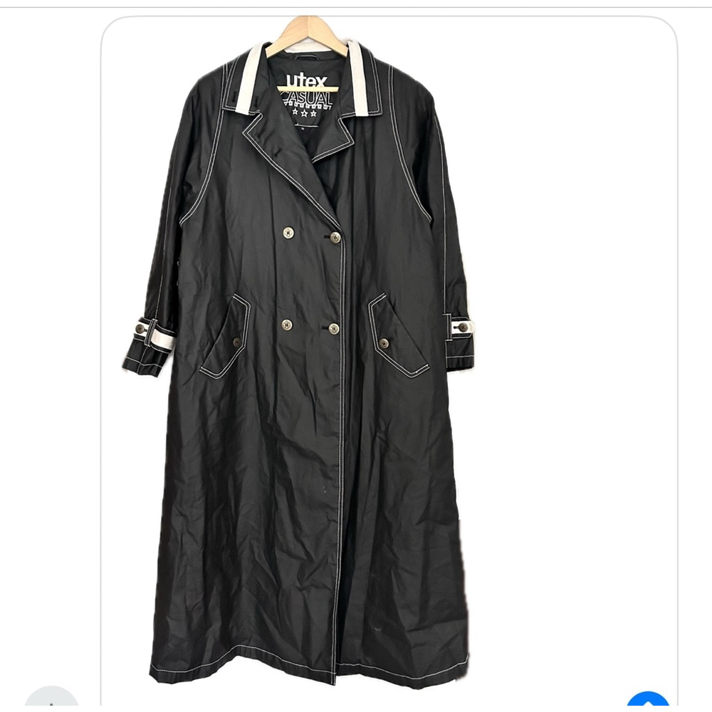 UTEX Black Trench Coat 10 L oversized Lightweight Shiny Nylon contrast stitchin